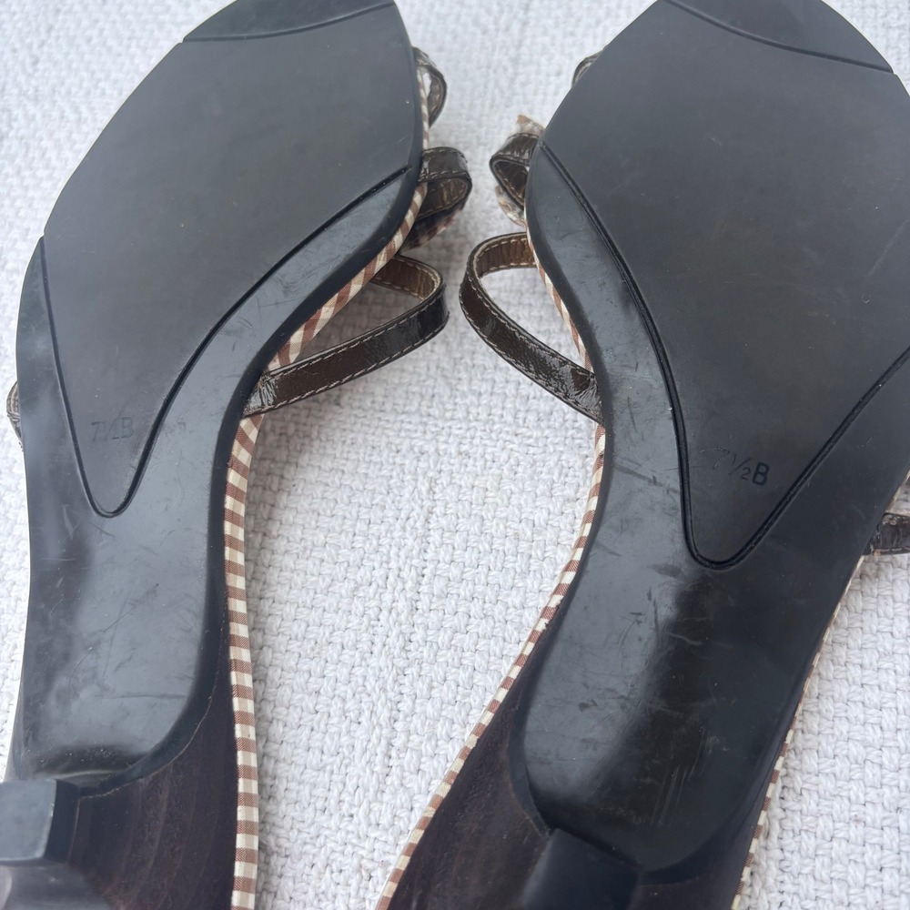Women's 7.5 B TALBOTS Y2K Brown Gingham Bow Flat Kitten Heel Thong Slide Sandals - Picture 5 of 6